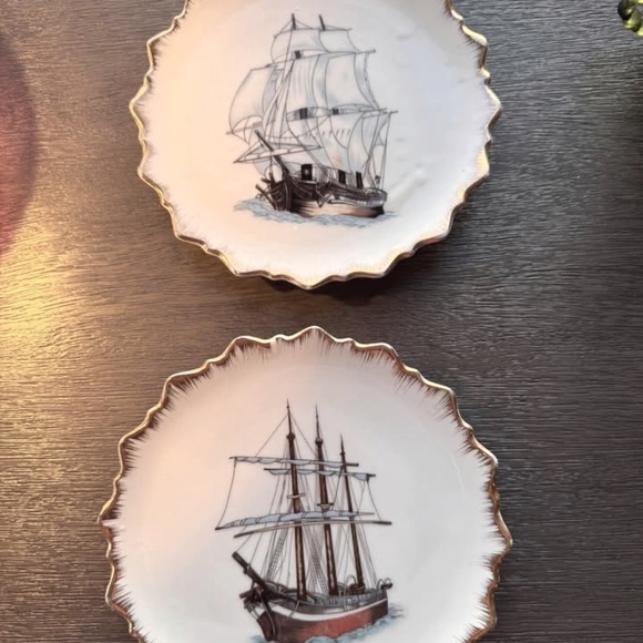 SOLD 2 Vintage Nautical Plates Viking Ship Norleans Japan Gold Trim - Picture 1 of 3